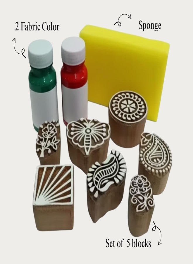 KHUSHA CREATIONS Wooden Block Printing Kit for Fabric Paper and Craft Handmade Wooden Stamps Set with Fabric Paints and Sponge DIY Textile Printing and Art Craft Tool (Any 5 Designs) - Image 2